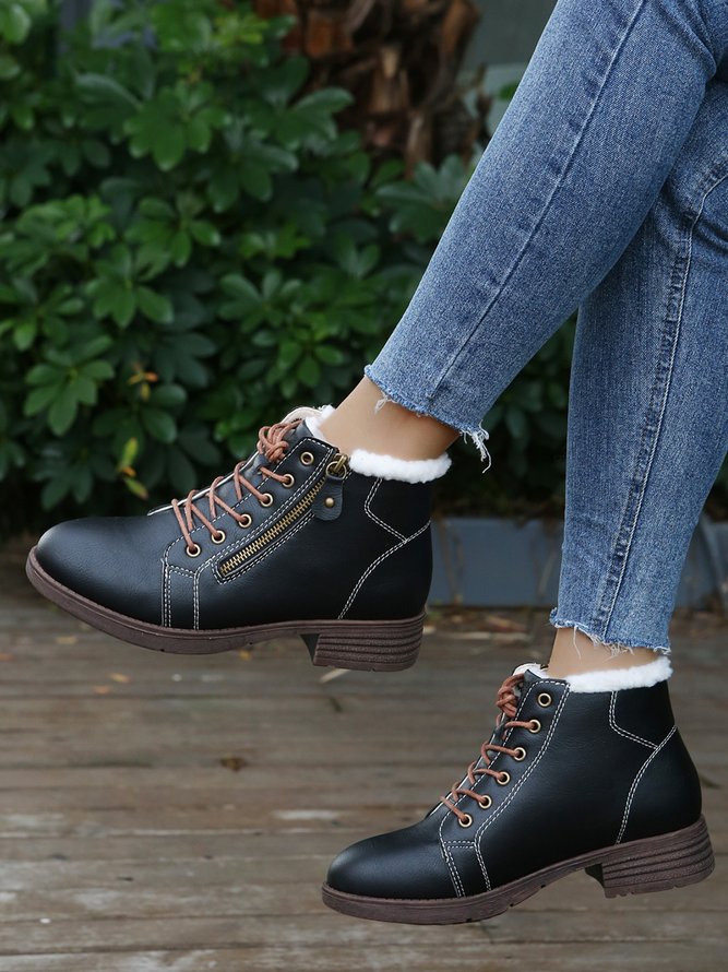Casual Solid Faux Cashmere Insulated Zip-Up Lace-Up Booties
