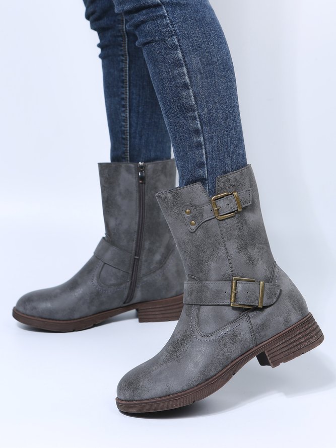 Vintage Casual Buckle Design Riding Boots