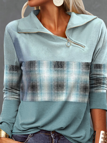 Plaid Casual Asymmetrical Zipper Sweatshirt