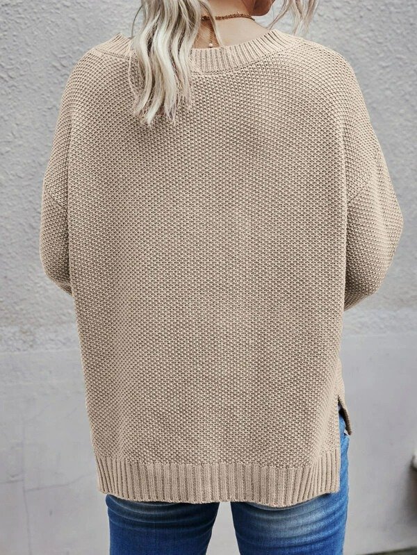 Button Plain Loose Thermal Sweater