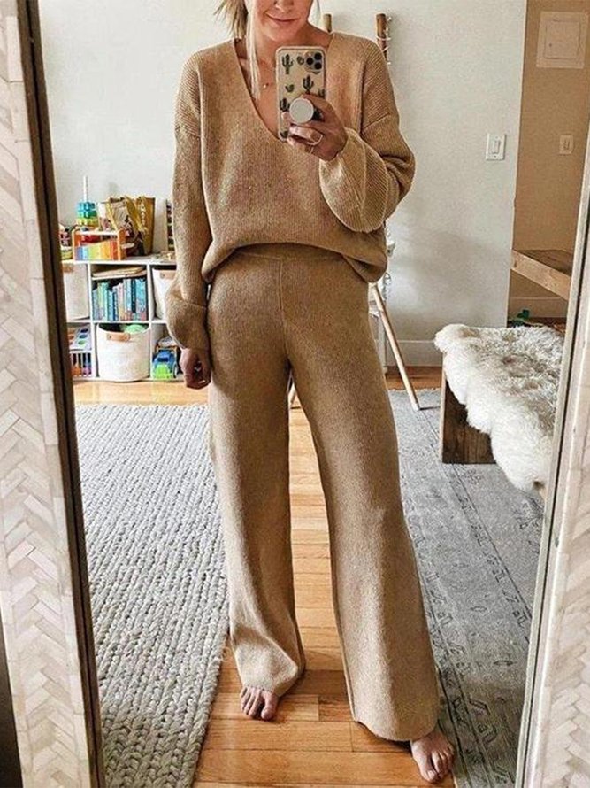 Plain V Neck Two Piece Set