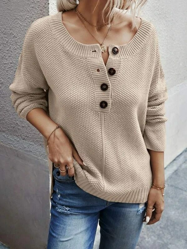 Button Plain Loose Thermal Sweater