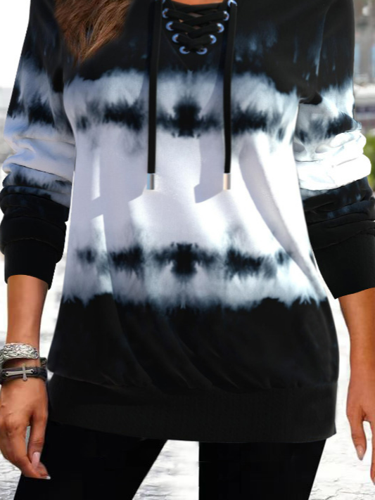 Casual Black Split Neck Tie Dye Print Sweatshirt