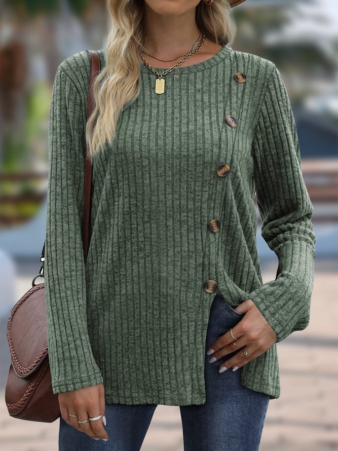 Women Casual Plain Button Crew Neck Long sleeve Tunic