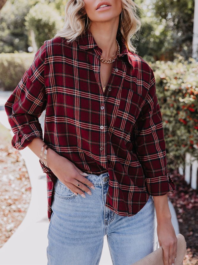 Shawl Collar Plaid Buttoned Blouse