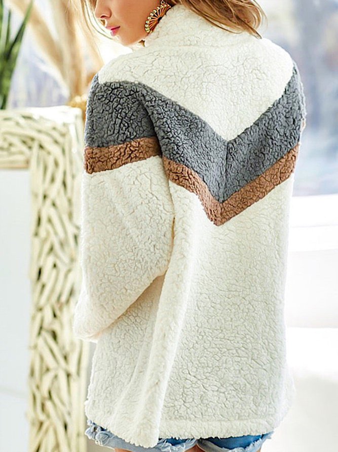 Casual Fluff/Granular Fleece Fabric Color Block Zipper Sweatshirt