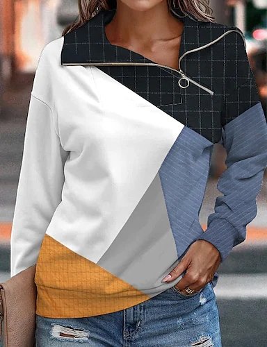 Loose Zipper Asymmetrical Color Block Sweatshirt