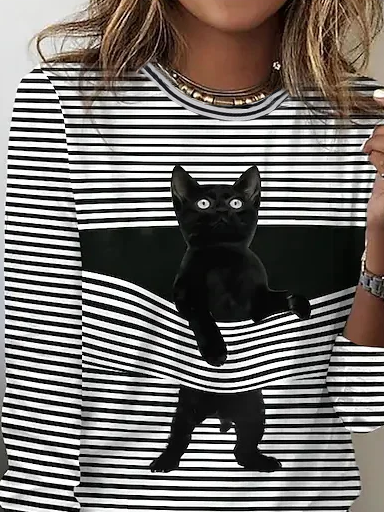 Women Striped Cat Color Block Crew Neck Long Sleeve Top