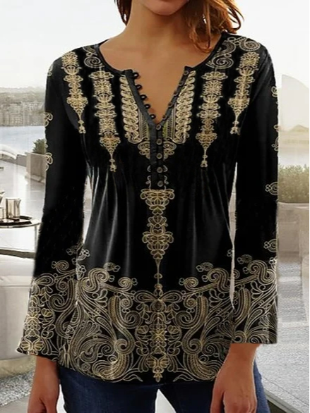 Ethnic V Neck Casual Loose T-Shirt