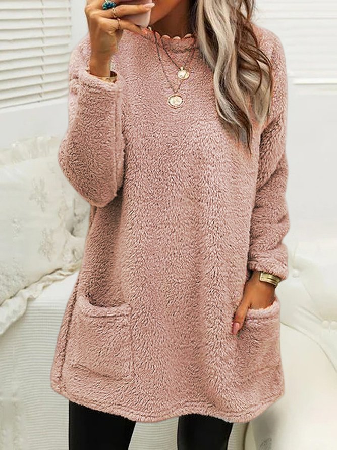 Women Winter Plush Pullover Crew Neck Casual Thermal Dress with Pockets