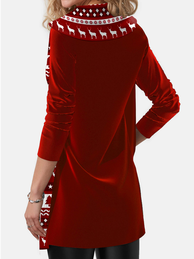 Casual Asymmetric Hem Christmas Print Deep Red Sweatshirt