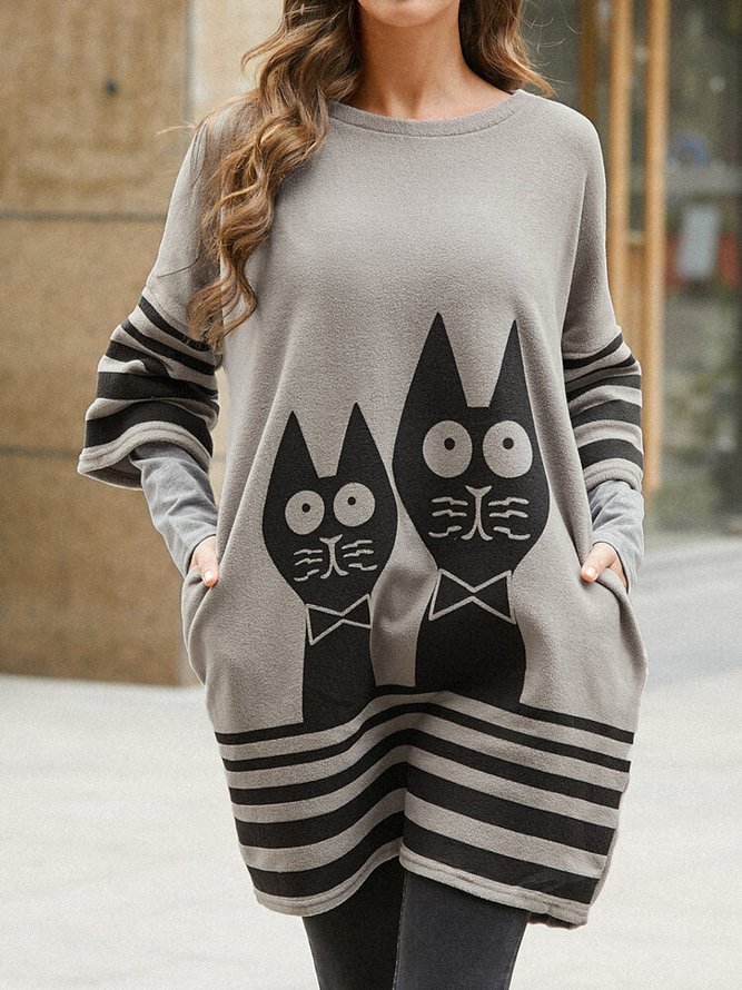 Casual Cute Cat Sweater Fleece Dress