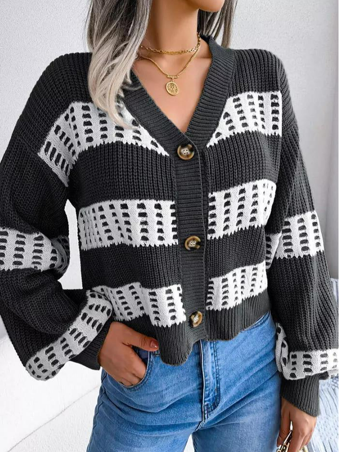 Color Block Button Sweater Cardigan - Black