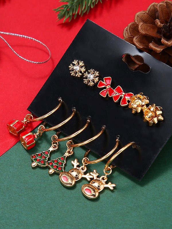 6Pcs Christmas Bow Snowflake Elk Christmas Tree Pattern Earring Set Festive Party Jewelry
