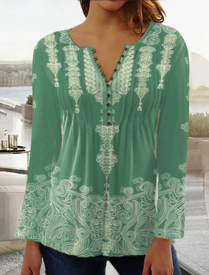Ethnic V Neck Casual Loose T-Shirt
