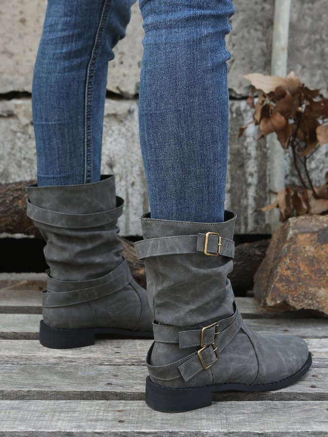 Ruched Buckle Casual Leather Booties
