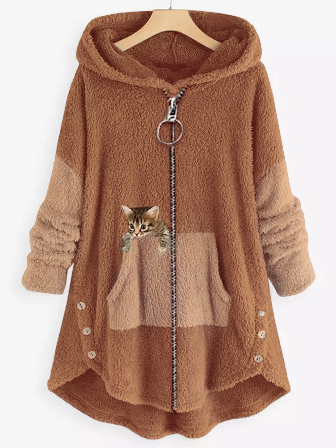Women Color Block Cat Print Fleece Fluff/Granular Zipper Hoodie Coat With Button Pockets
