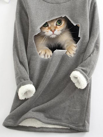 Women Casual Crew Neck 3D Cat Winter Warm Plush Lined Pullover Sweatshirt