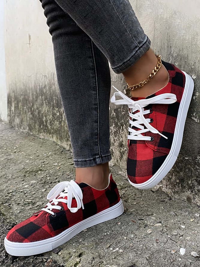 Christmas Red Plaid Black And White Plaid Leopard Casual Flat Shoes