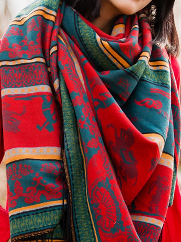 Leisure Red Green Increase Thickened Ethnic Pattern Long Cashmere Scarf Shawl Wrap