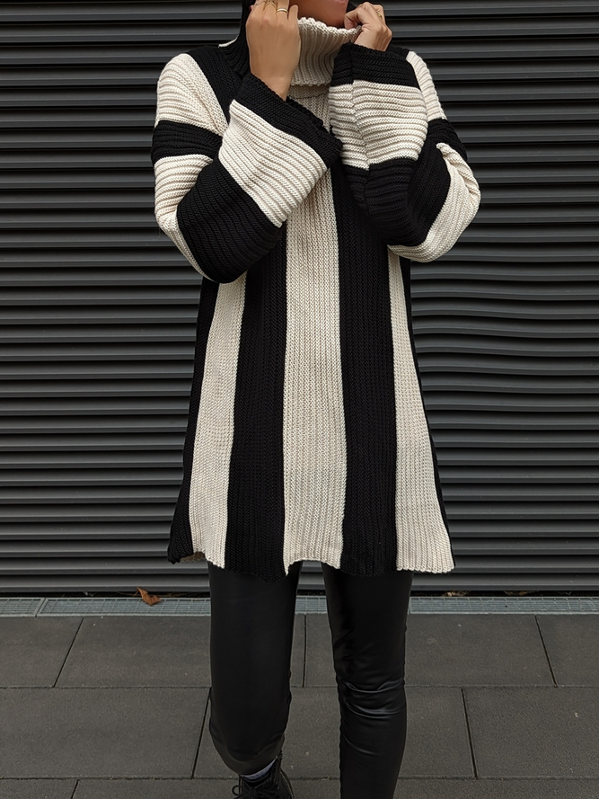 Casual Wool/Knitting Striped Turtleneck Sweater