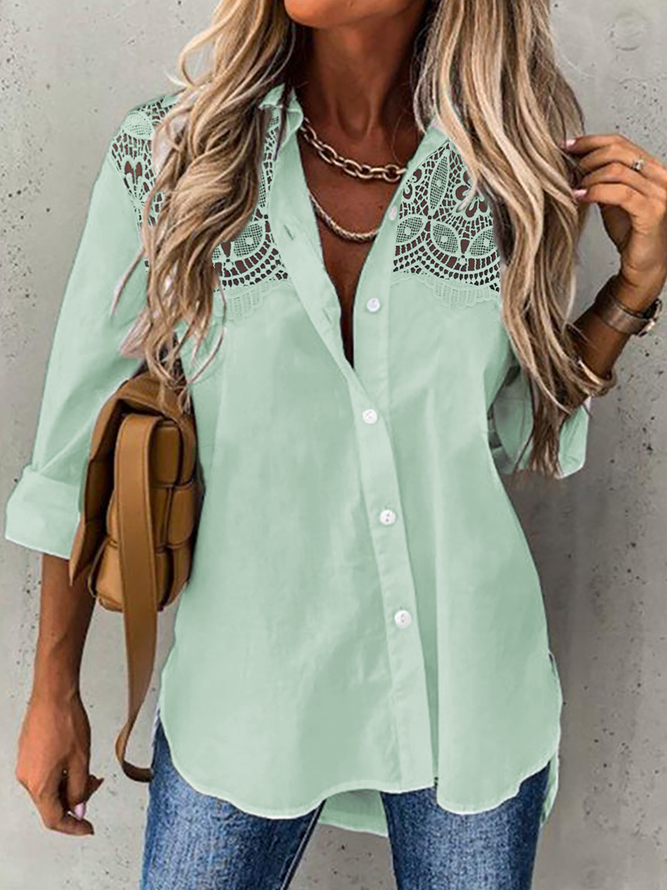 Women Elegant Plain Hollow Out Lace Button Down Long Sleeve Blouse