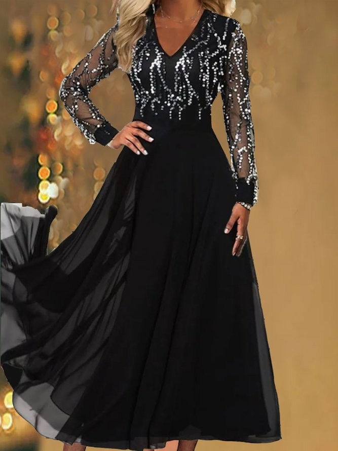 Women A Line Dress Midi Dress Black Long Sleeve Sequins Chiffon Fall Winter V Neck Fashion Modern Occasion Dress