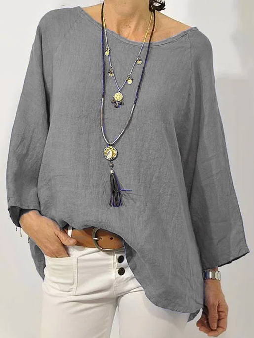 Women Plain Loose Casual Crew Neck Long sleeve Cotton and Linen Tunic Top
