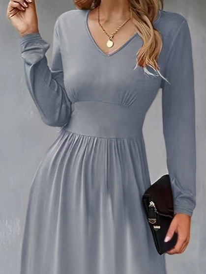 Urban V-neck Solid Color Long Sleeve Midi Dress