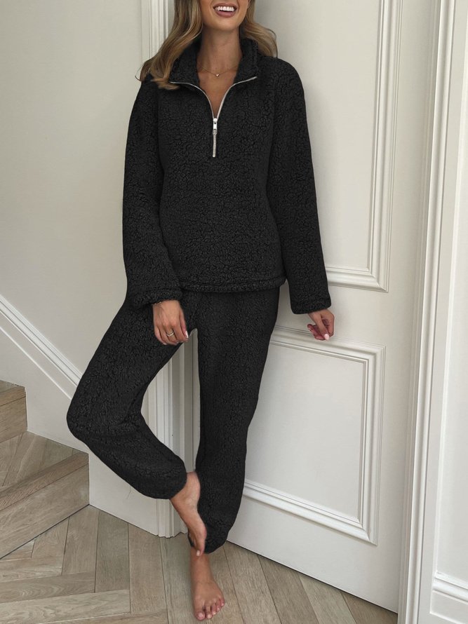 Women Two Piece Plain Thermal Plush Fleece Outfit Set Long Sleeve Half Zipper Pullover Sweatsuit and Pants