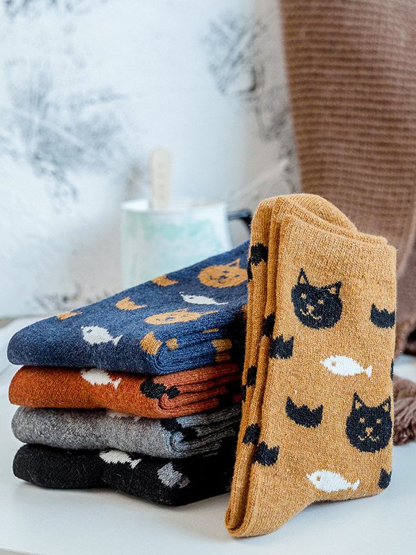5Pcs Cat Pattern Cotton Socks Set Autumn Winter Warm Accessories
