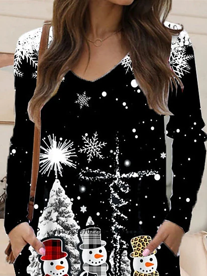 V Neck Casual Loose Christmas Snowflake Dress
