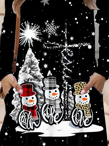 V Neck Casual Loose Christmas Snowflake Dress