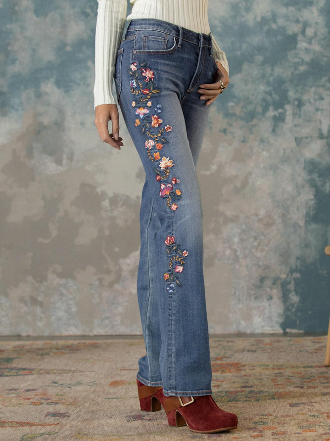 Regular Fit Floral Denim Casual Jeans
