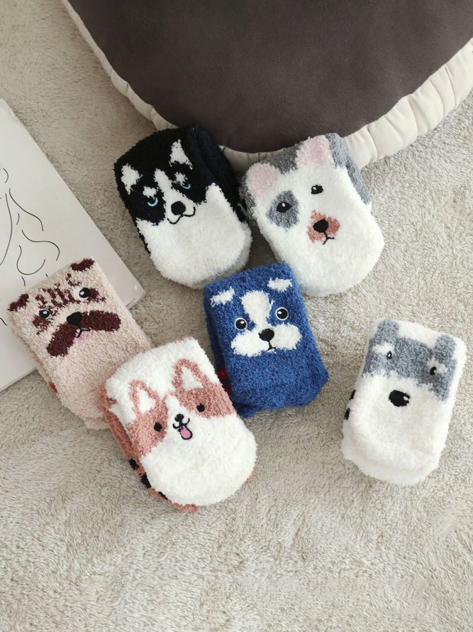 Leisure Dog Cat Pattern Coral Fleece Socks Autumn Winter Warm Thickening Accessories