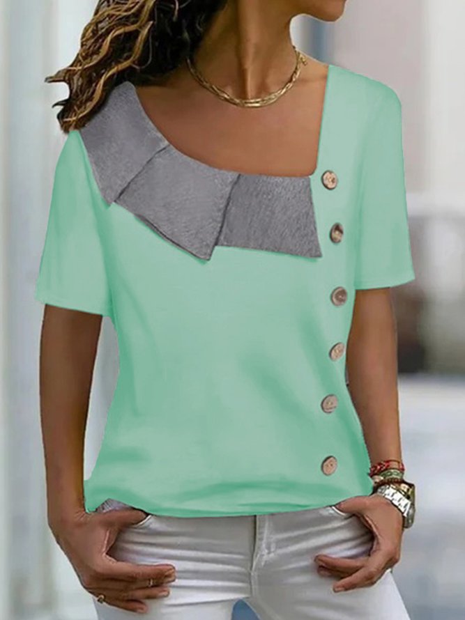 Women Casual Asymmetrical Neck Button Plain Loose Short Sleeve Summer T-Shirt