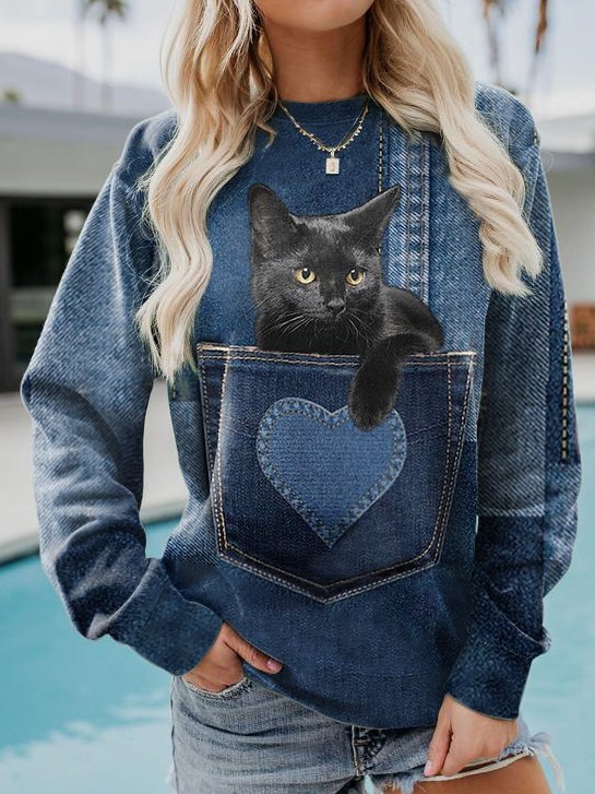 Loose Casual Cat Crew Neck Sweatshirt