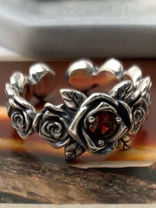 Silver Aged Red Gemstone Rose Pattern Ring Valentine's Day Gift Jewelry