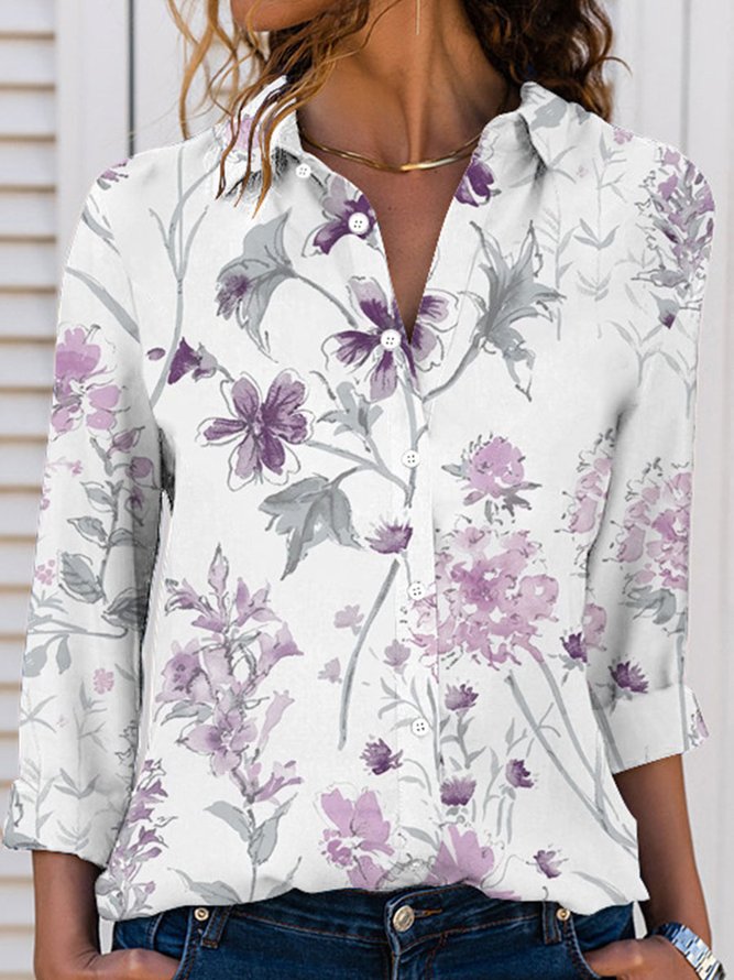 Shawl Collar Regular Fit Casual Floral Blouse