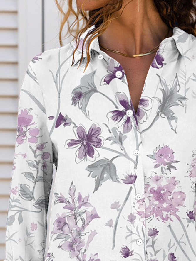 Shawl Collar Regular Fit Casual Floral Blouse