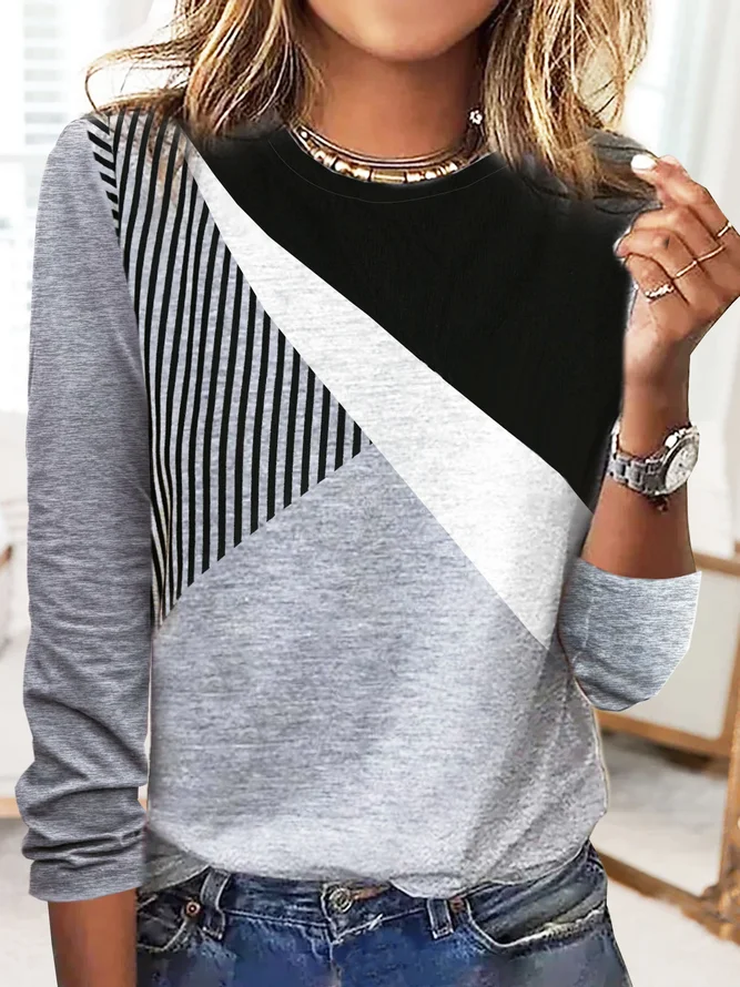 Women Striped Casual Spring/Fall Daily Loose 1 * Top Standard Crew Neck H-Line T-shirts
