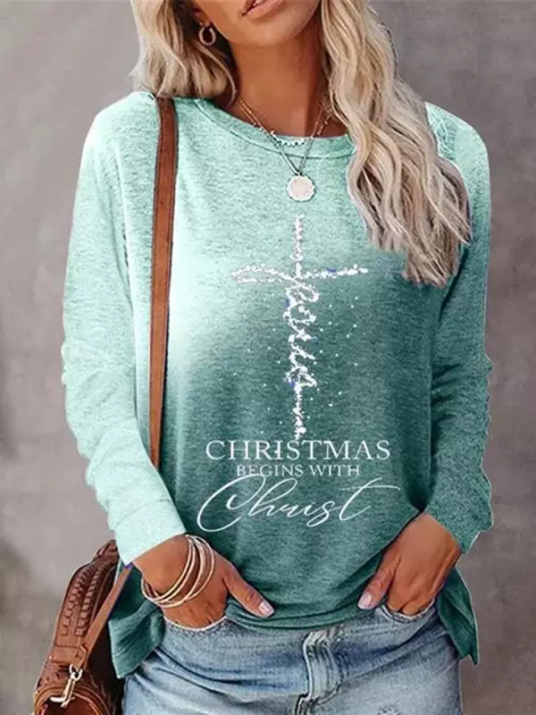 Women Christmas Print and Slogan Graphic Ombre Long Sleeve Top