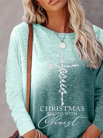 Women Christmas Print and Slogan Graphic Ombre Long Sleeve Top