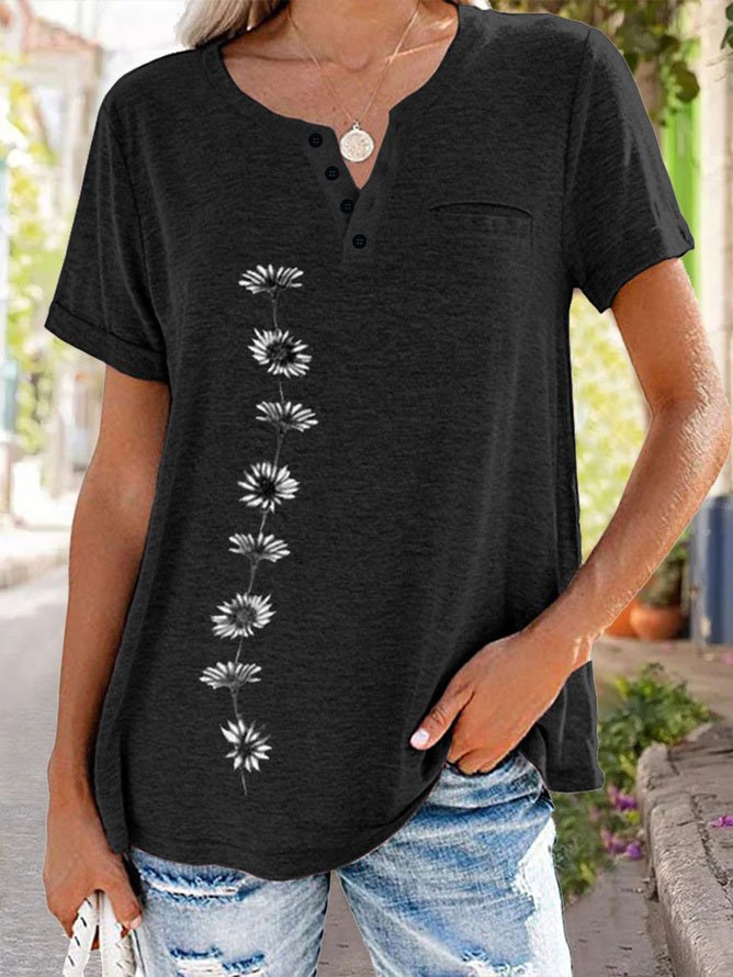 Women Floral Tunic Top Loose Short Sleeve Button Up V Neck Henley Shirt
