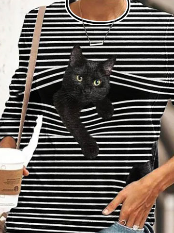 Women Cat Prirted Color Block Stipe Crew Neck Loose Long Sleeve Top