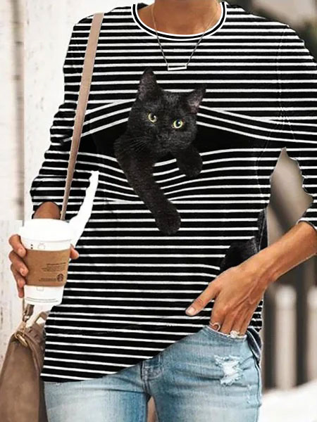 Women Cat Prirted Color Block Stipe Crew Neck Loose Long Sleeve Top