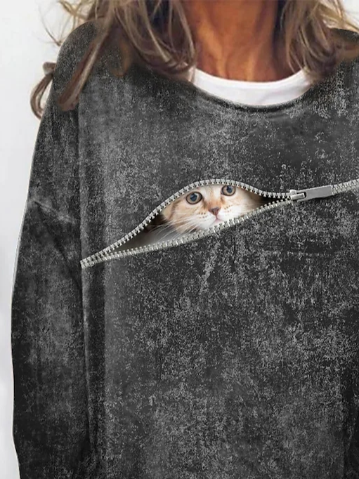 Crew Neck Loose Cat Casual Sweatshirt