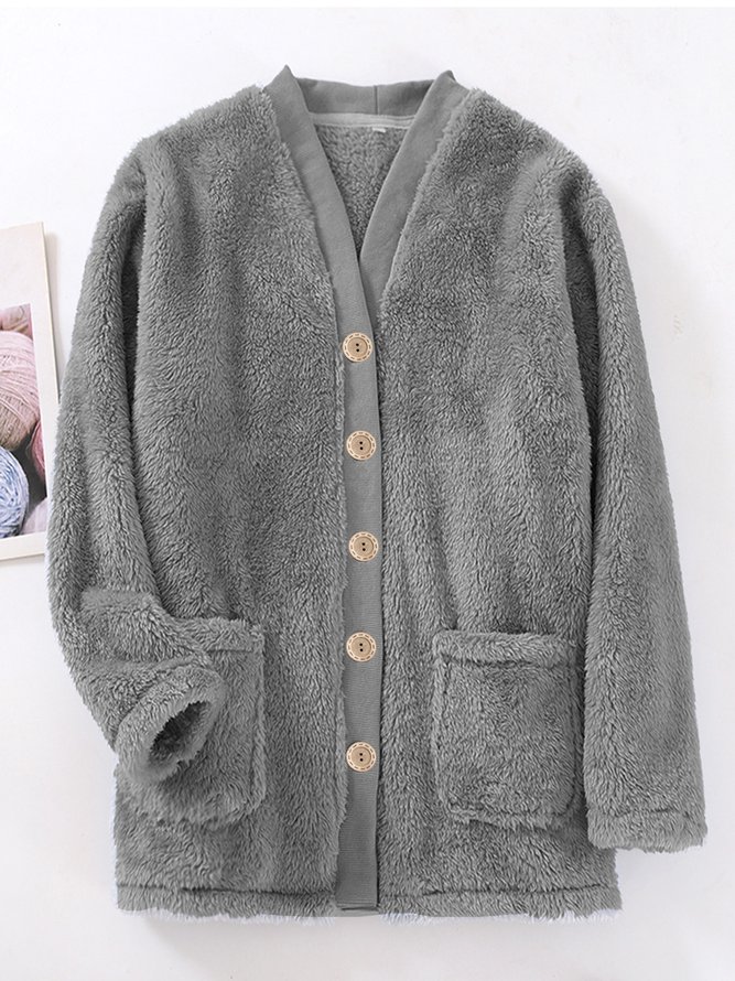 Fluff/Granular Fleece Fabric V Neck Loose Casual Teddy Jacket