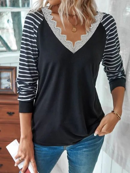 Striped Loose V Neck Casual T-Shirt
