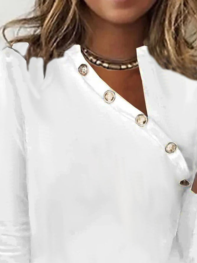 Women Casual Asymmetrical Buttoned Neck Plain Long Sleeve Top